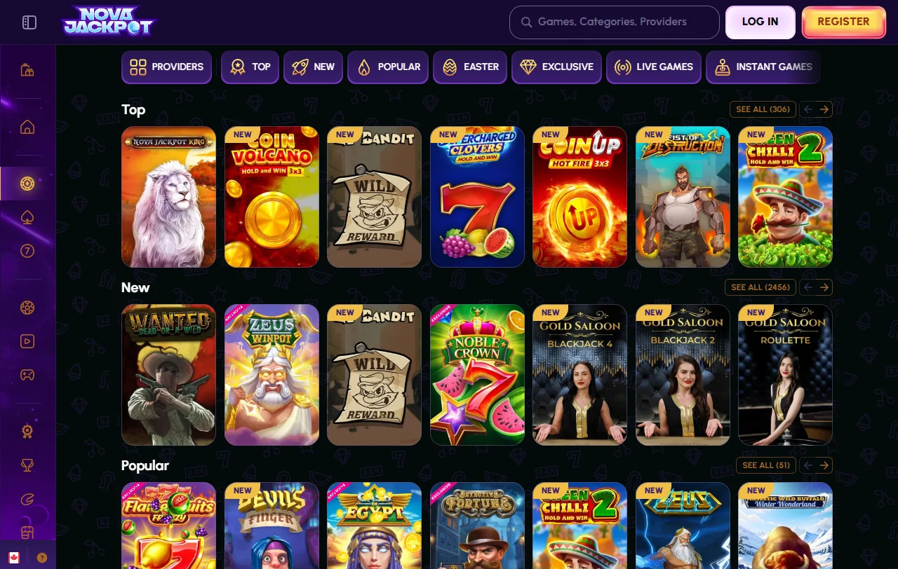 Bonusübersicht von Novajackpot Casino mit Willkommenspaket über drei Einzahlungen und Cashback
