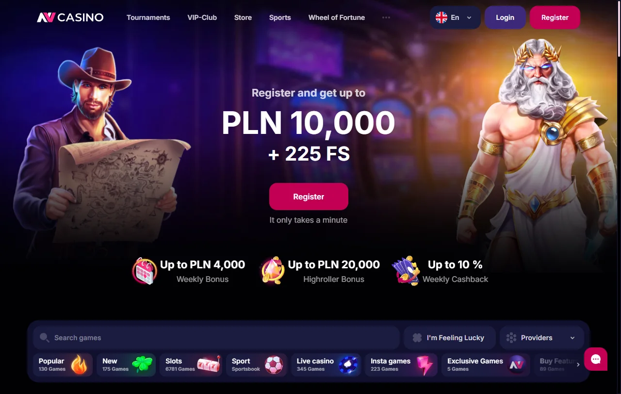 Startseite von NV Casino mit Überblick über aktuelle Spiele und Aktionen