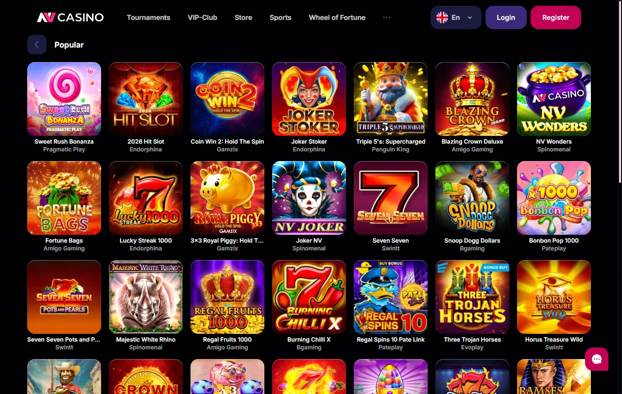 Spielbibliothek von NV Casino mit Slots von Pragmatic Play und Hacksaw Gaming
