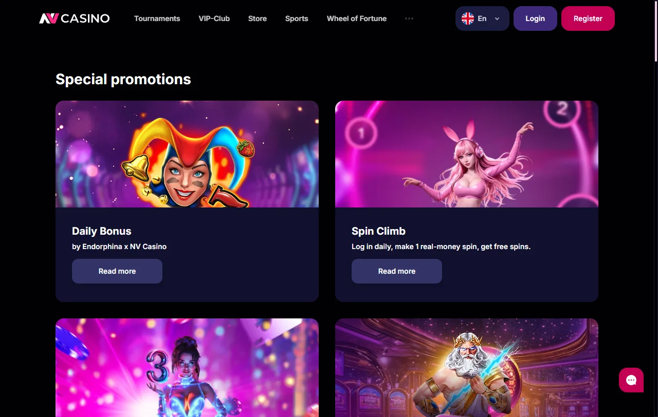 Bonusübersicht von NV Casino mit Willkommenspaket und Umsatzbedingungen im Profil