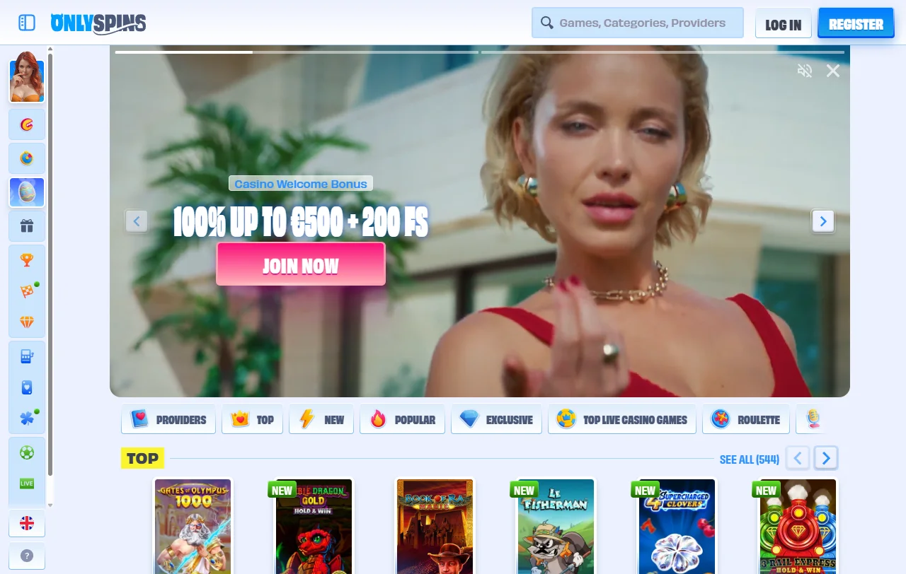 OnlySpins Startseite im Überblick mit Krabben-Thema und Hinweis auf die Schließung