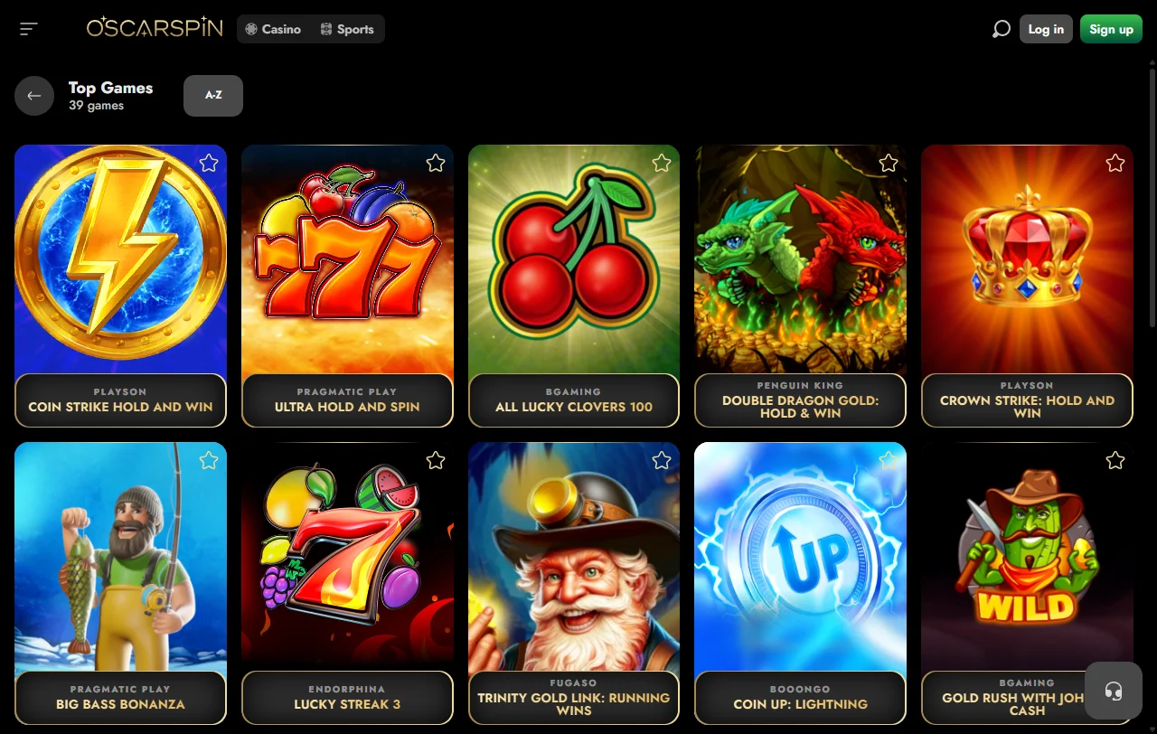 Oscarspin Casino Spielauswahl mit Slots von Pragmatic Play, NetEnt und Evolution