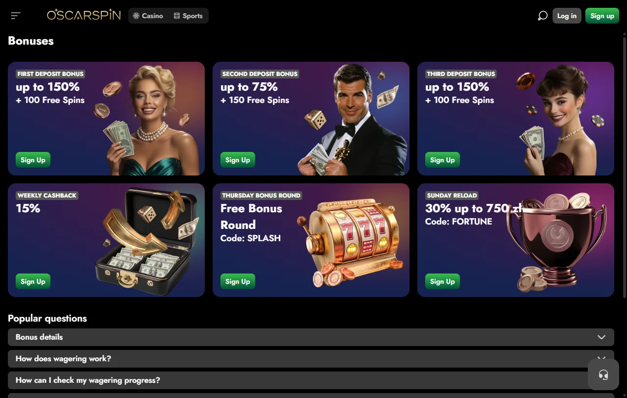 Oscarspin Casino Willkommensbonus mit 100 % bis 1.500 € und Cashback