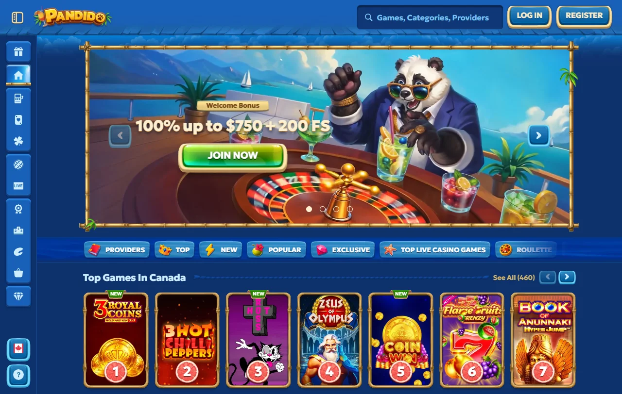 Pandido Casino Startseite mit Casino-Lobby und Sportwetten im Überblick