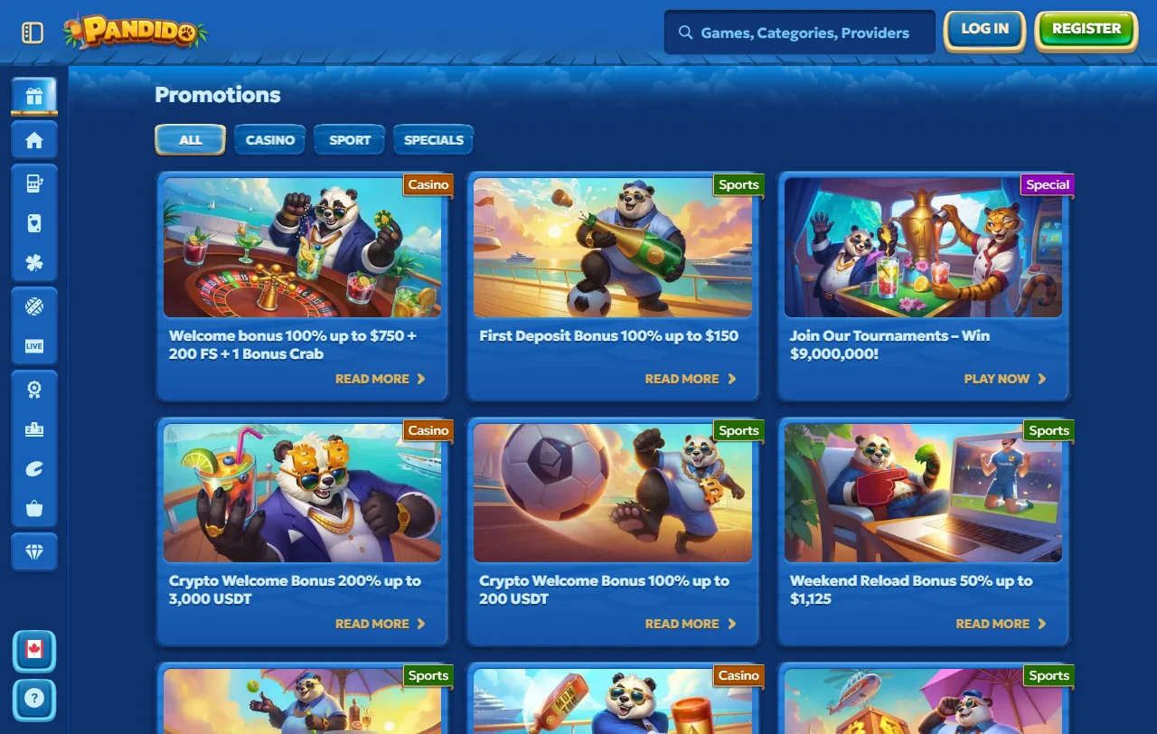 Pandido Casino Spielbibliothek mit Slots von Novomatic, Pragmatic Play, Hacksaw und Amatic