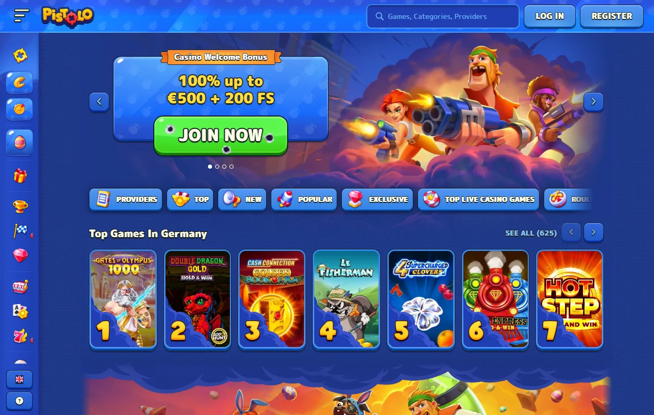 Startseite von Pistolo Casino mit Lobby, Sportwetten und Aktionen im Überblick