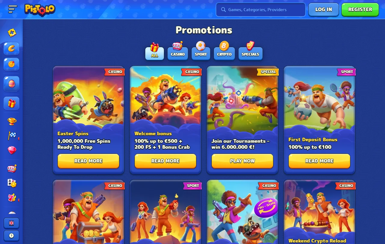 Spielauswahl bei Pistolo Casino mit Slots von Pragmatic Play und Hacksaw Gaming