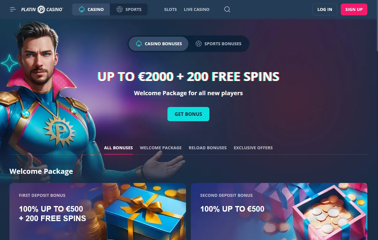 Willkommenspaket von Platin Casino über vier Einzahlungen mit 40-fachem Umsatz