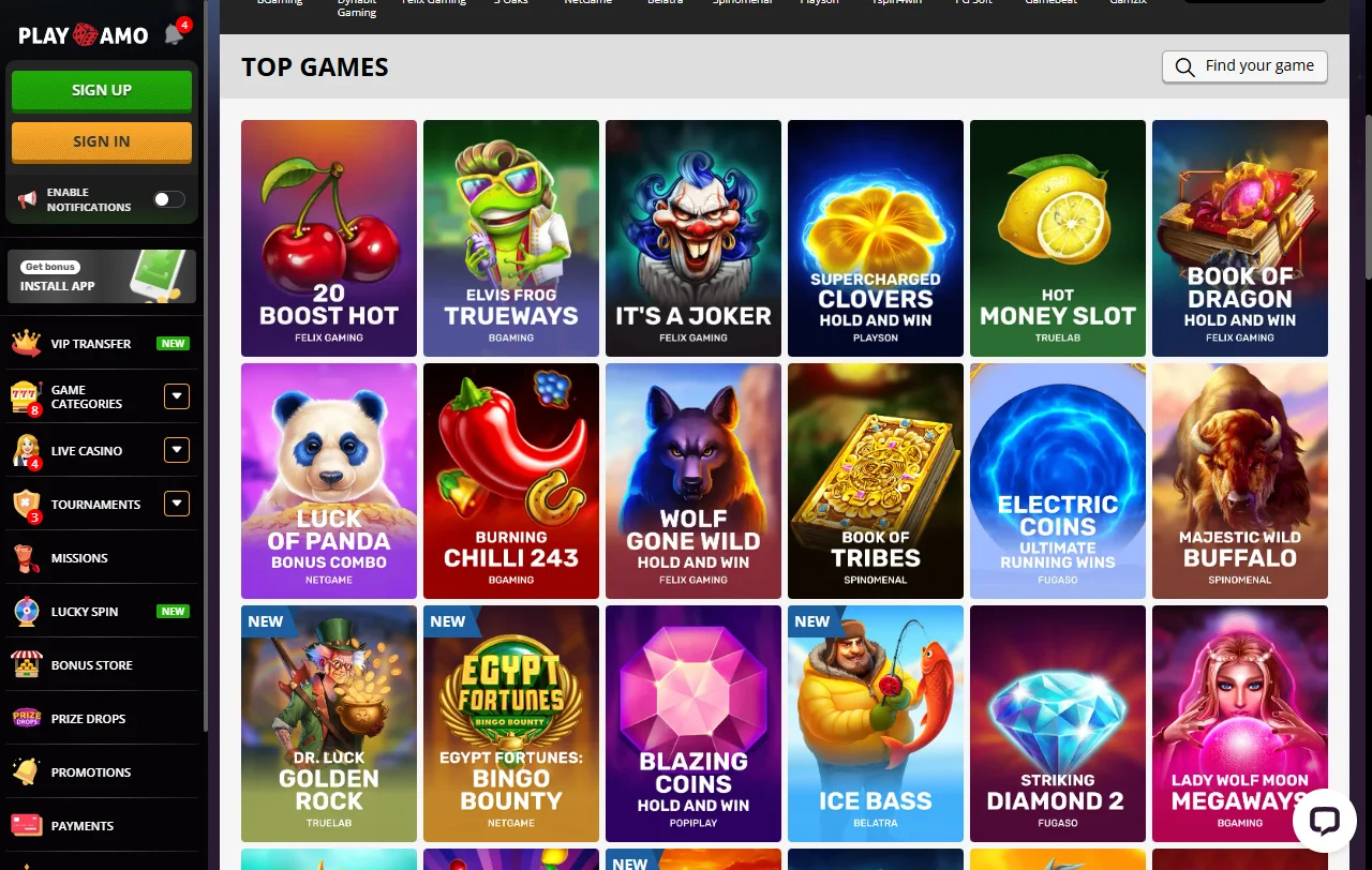 Spielebibliothek von PlayAmo Casino mit über 3.500 Titeln und Herstellerfilter