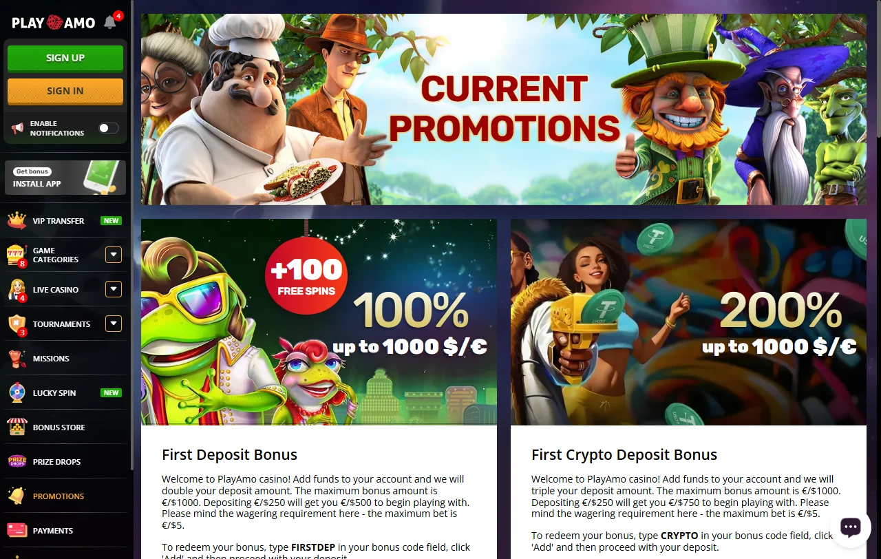 Willkommenspaket von PlayAmo Casino mit vier Einzahlungsstufen und 50x Umsatzanforderung