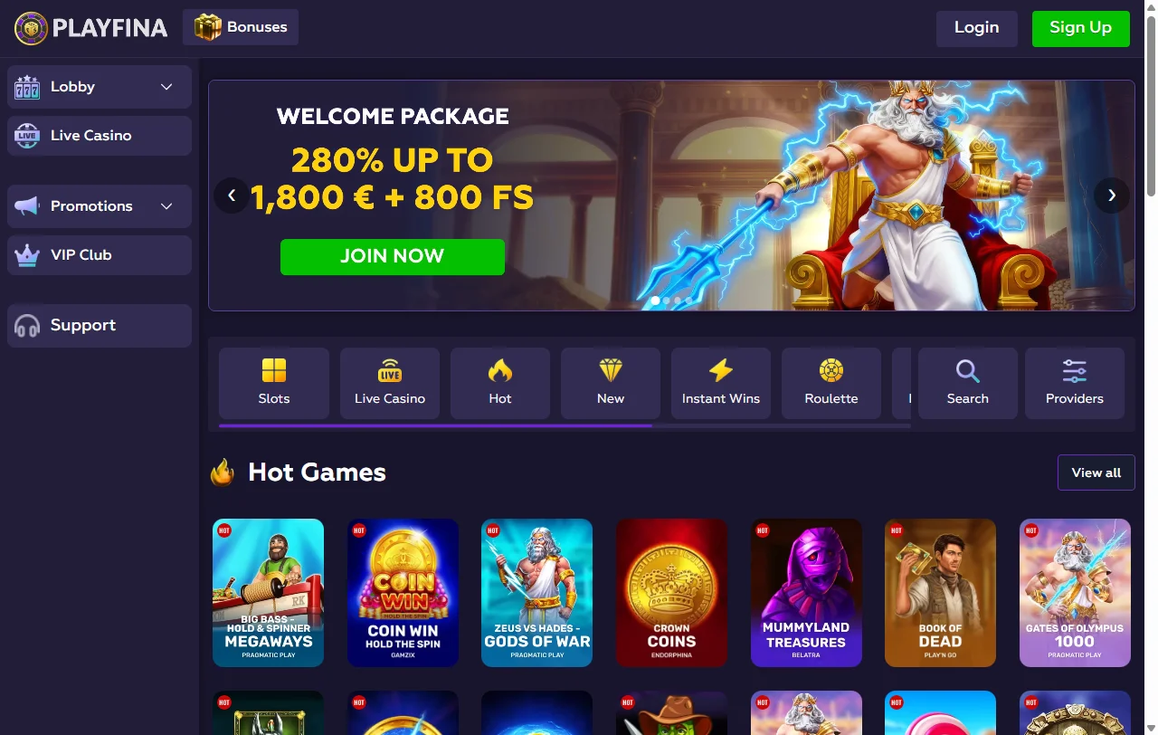 Playfina Casino Startseite mit Überblick über Lobby, Aktionen und Kontobereich