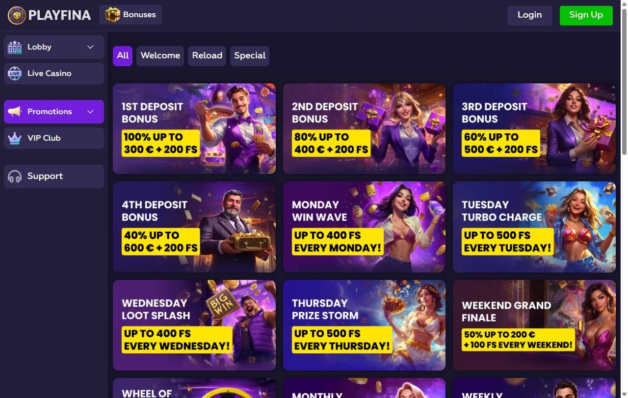 Spielelobby von Playfina Casino mit Slots von über 80 Studios