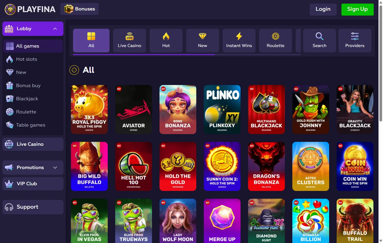 Willkommenspaket von Playfina Casino mit bis zu 1.000 € und Freispielen