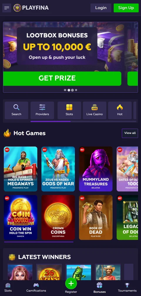 Playfina Casino als Web-App am Handy im Browser geöffnet
