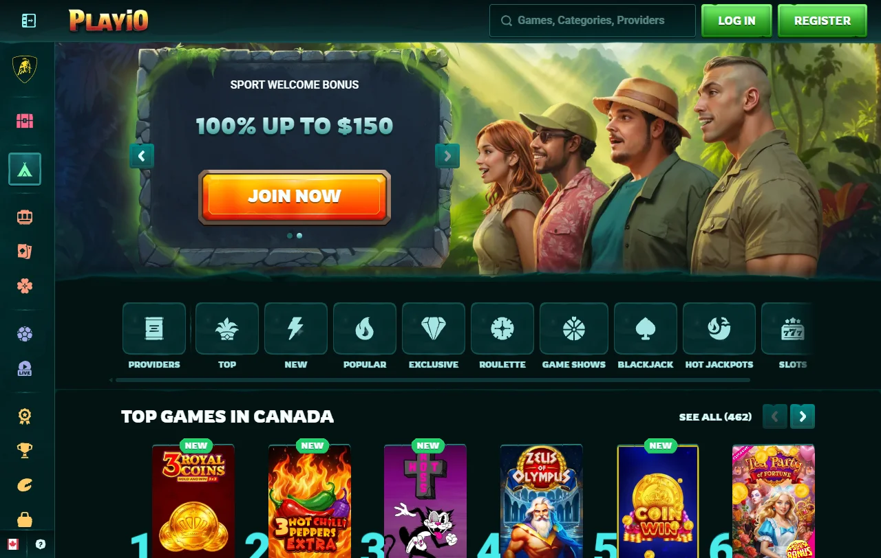 Playio Casino Startseite der österreichischen Länderversion mit Spielkategorien und Aktionen