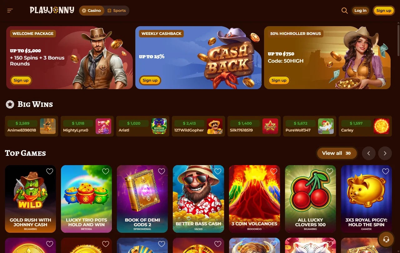 Startseite von PlayJonny Casino mit Lobby, Aktionen und Zugang zum Konto