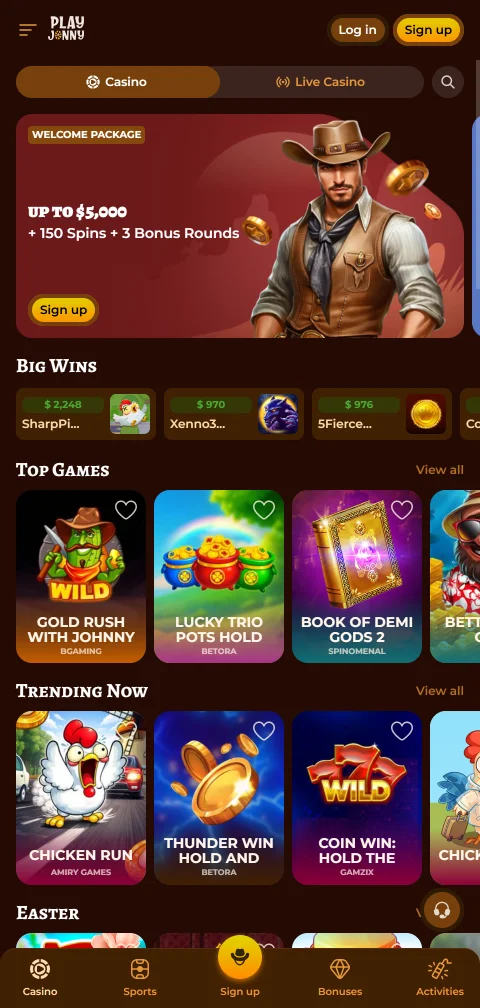 PlayJonny Casino im mobilen Browser mit Lobby und Spielefiltern im Hochformat