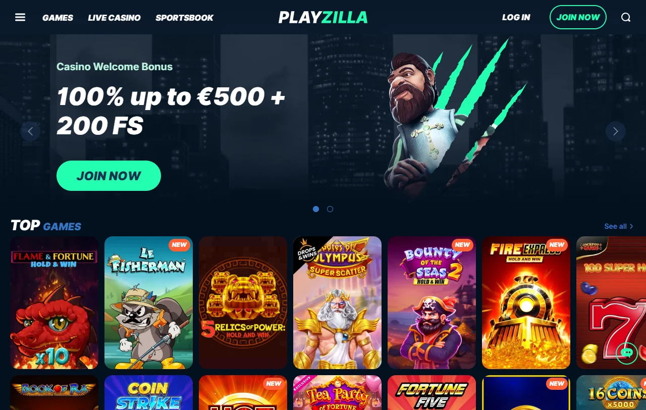 Startseite von Playzilla Casino mit Casino- und Sportwettenbereich im Überblick
