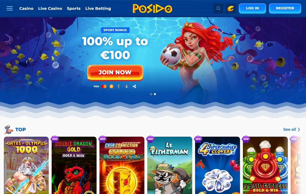Startseite von Posido Casino mit Poseidon-Design, Slots und Live-Bereich im Überblick