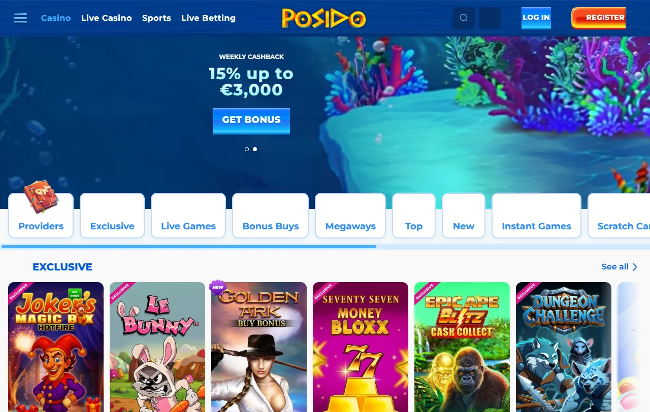 Spielauswahl bei Posido Casino mit Slots von Amusnet, Hacksaw Gaming und Spinomenal