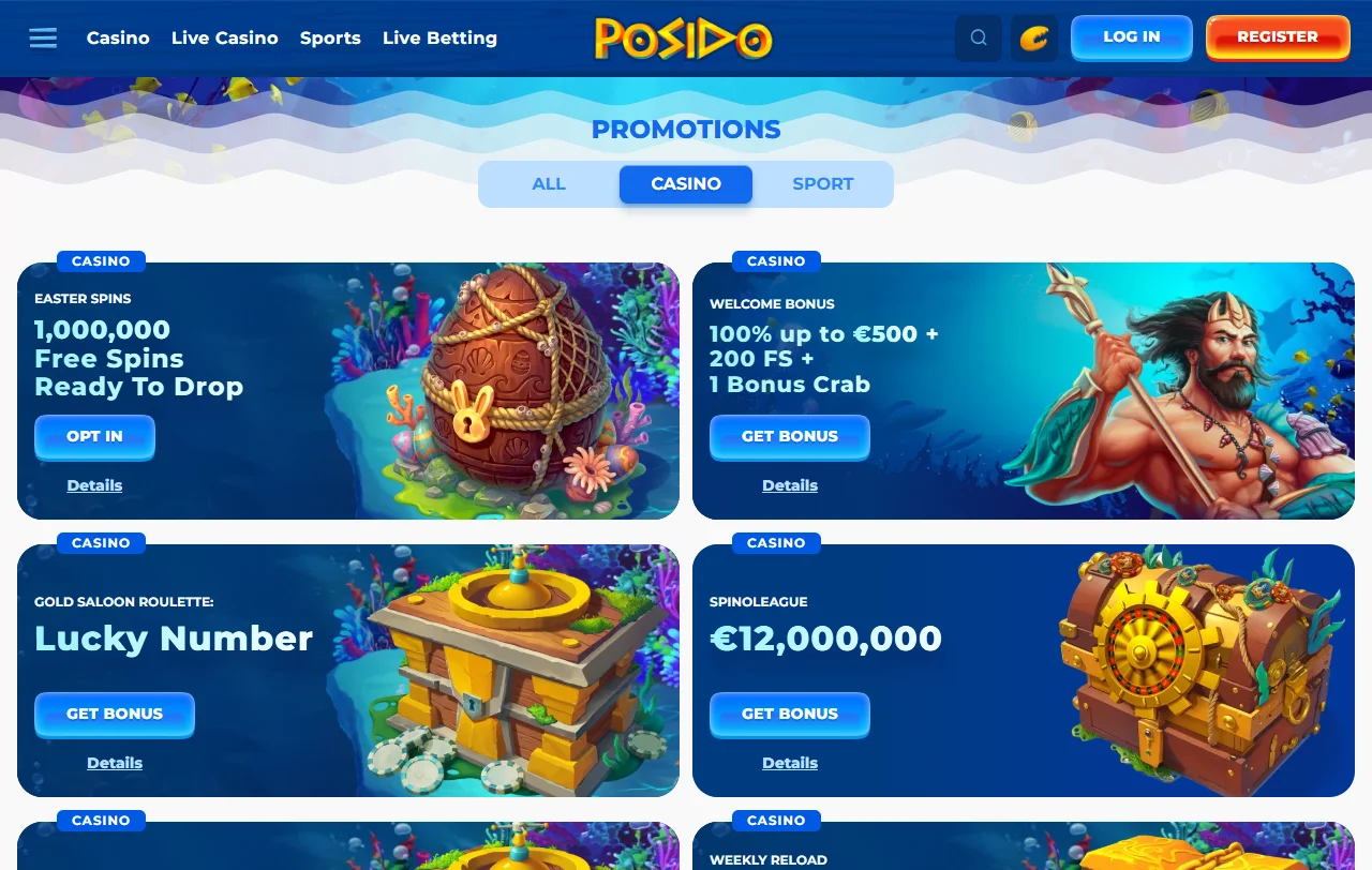 Bonusangebote bei Posido Casino mit Willkommenspaket, Reloads und wöchentlichem Cashback