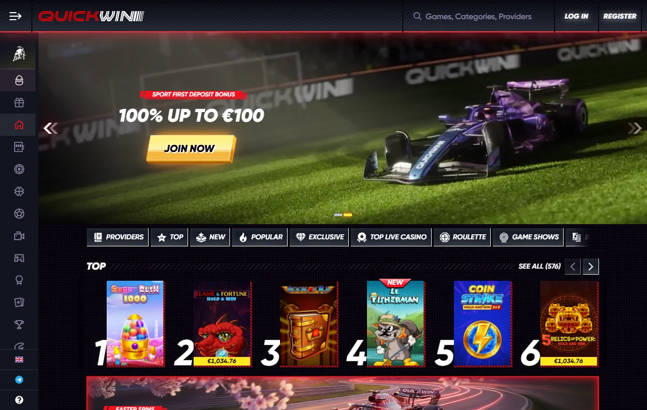 QuickWin Casino Startseite mit Rennsport-Design, Casino- und Sportwettenbereich im Überblick