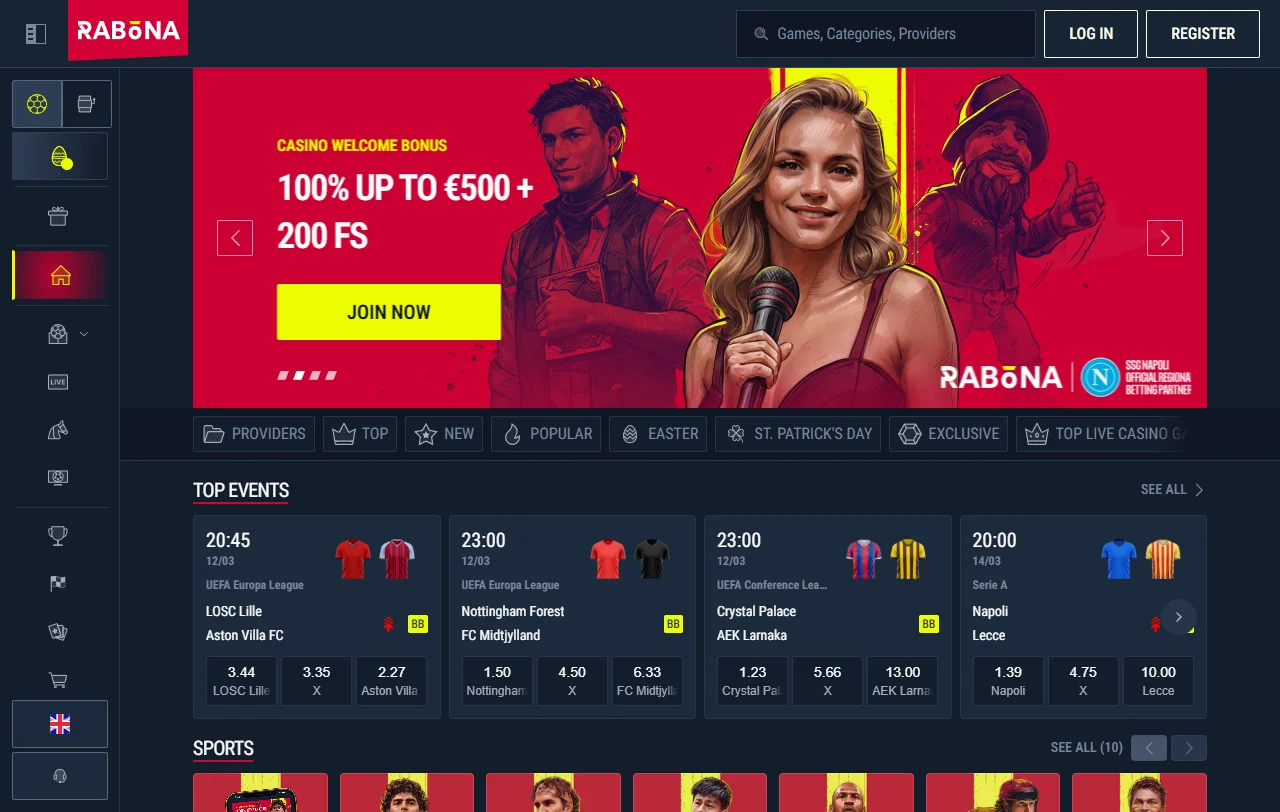 Rabona Casino Startseite mit Casino- und Sportwettenbereich auf einem Konto