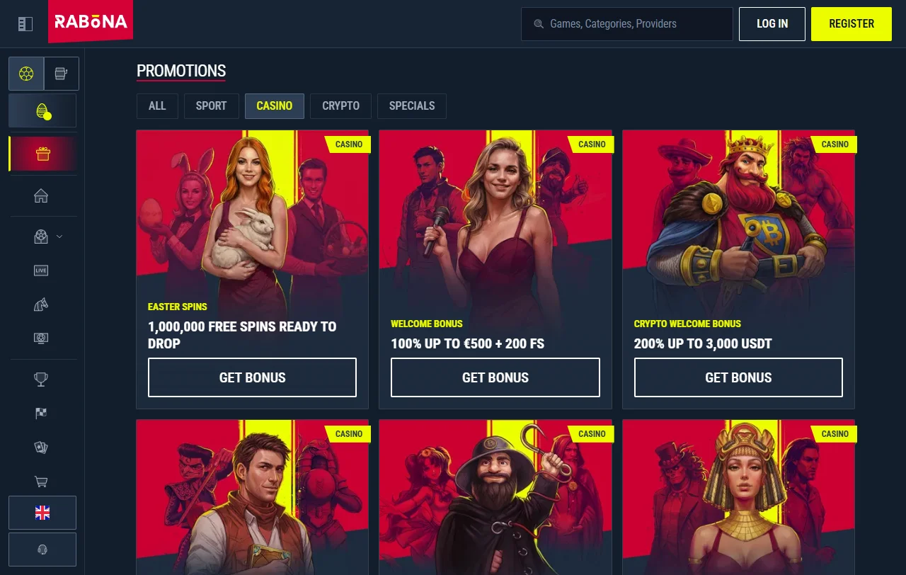 Spielauswahl im Rabona Casino mit über 9.000 Slots und Live-Tischen