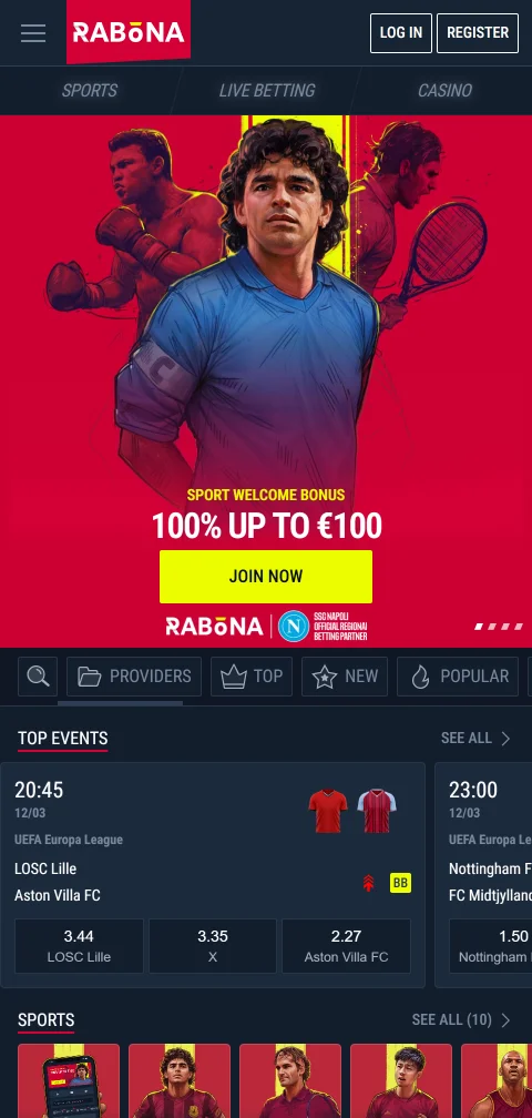 Rabona Casino mobil im Smartphone-Browser mit Suchfeld und Anbieterfilter