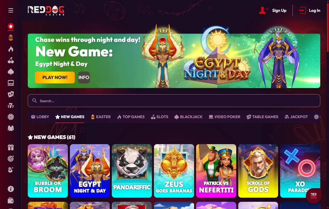 Red Dog Casino Startseite mit Willkommenspaket und Spielkategorien im Überblick