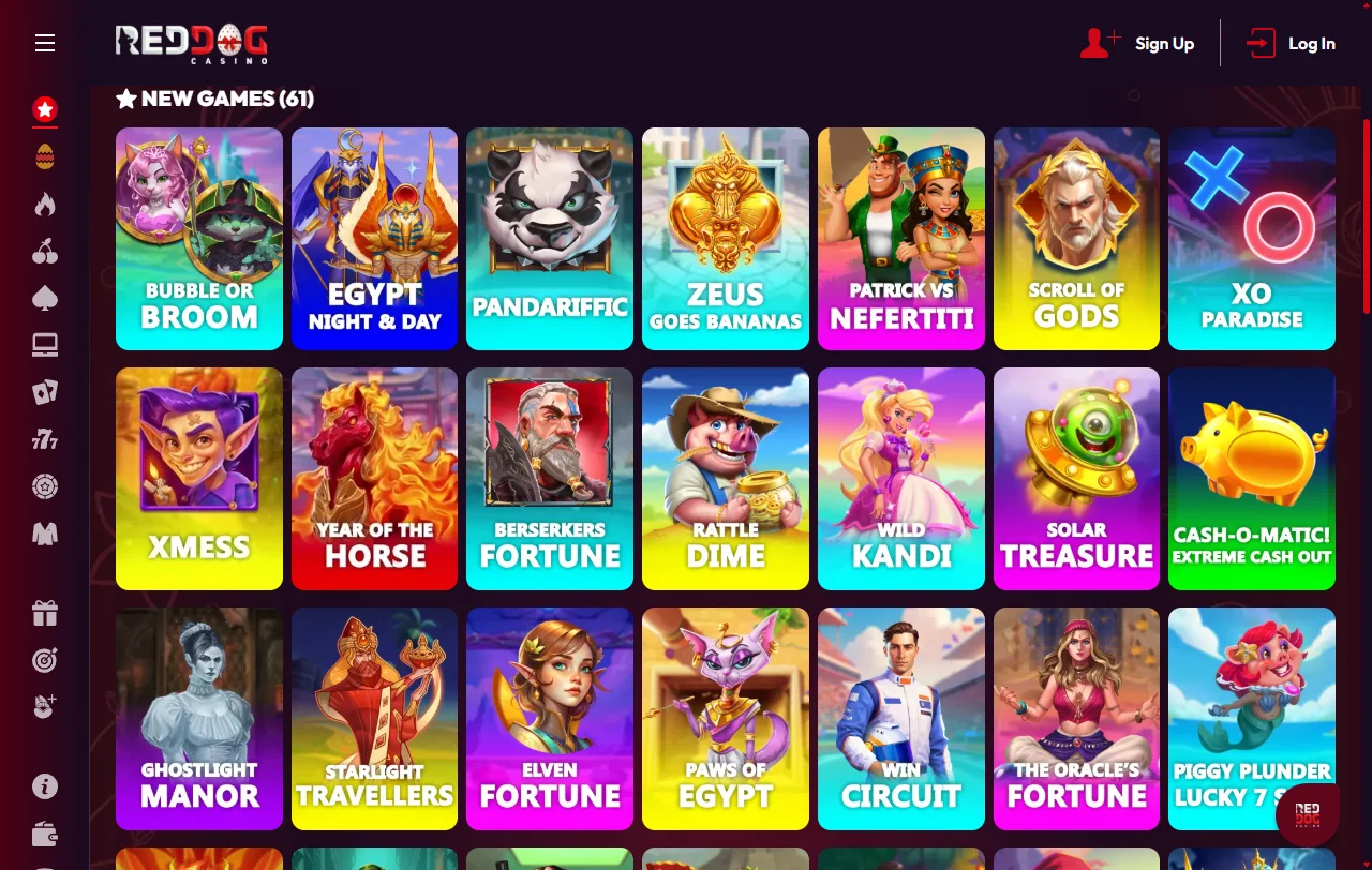 Spielauswahl im Red Dog Casino mit Slots von Betsoft, Rival, Saucify und Nucleus
