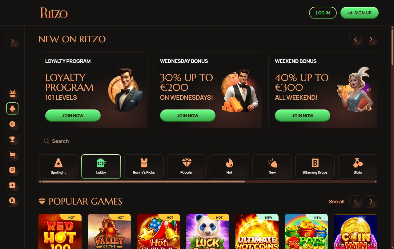 Startseite von Ritzo Casino am Desktop mit Willkommensbonus