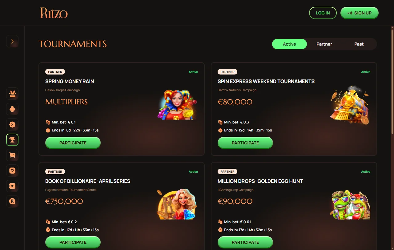 Spielelobby von Ritzo Casino mit Slots und Anbieterfilter am Desktop