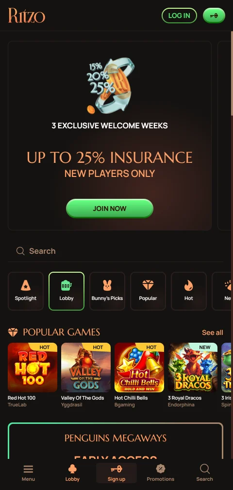 Mobile Startseite von Ritzo Casino im Smartphone-Browser