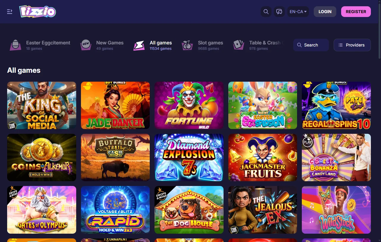 Spielauswahl bei Rizzio Casino mit Slots von Pragmatic Play und Hacksaw Gaming