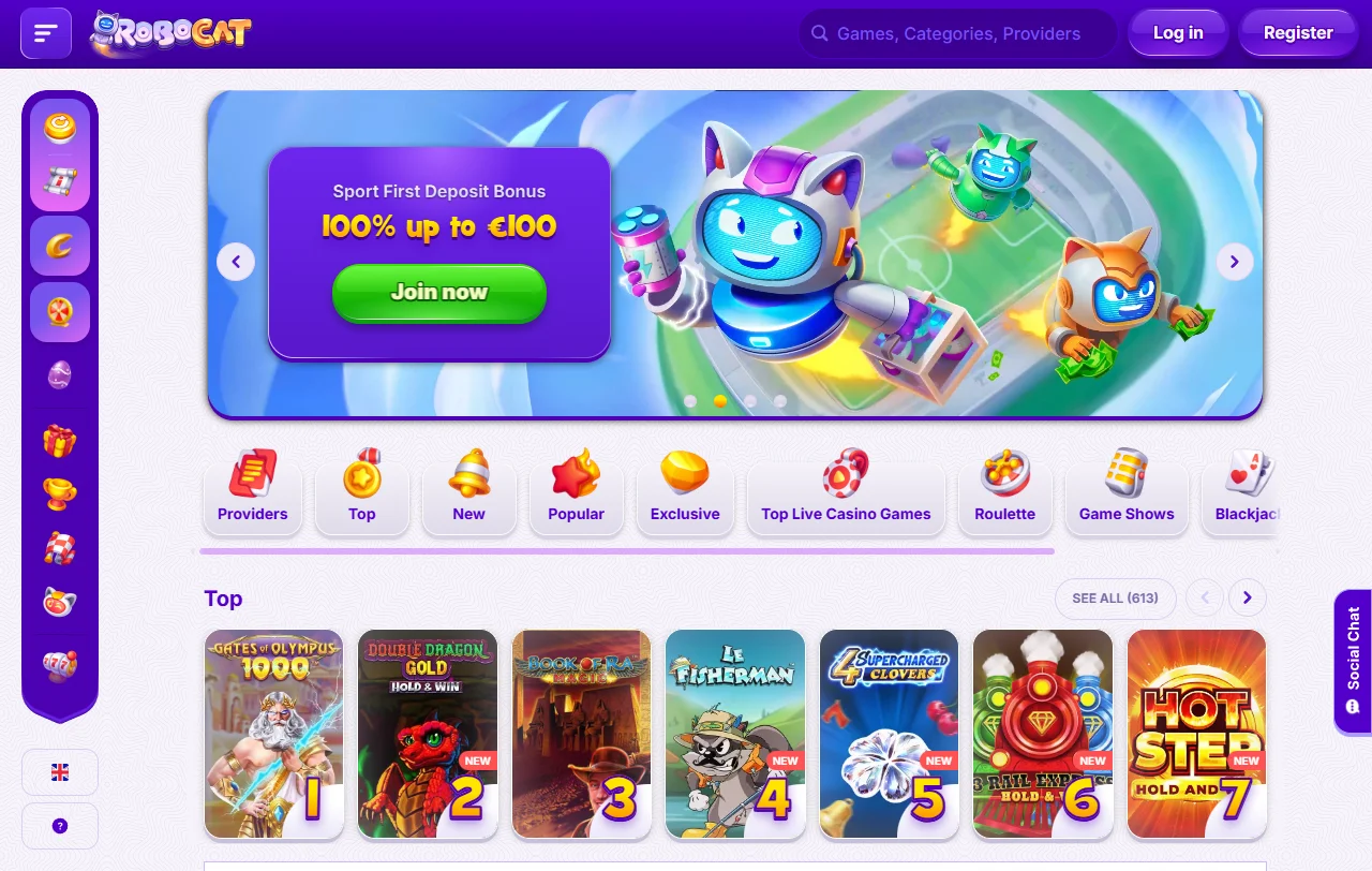 RoboCat Startseite mit Überblick über Spielbereiche, Aktionen und Kontozugang