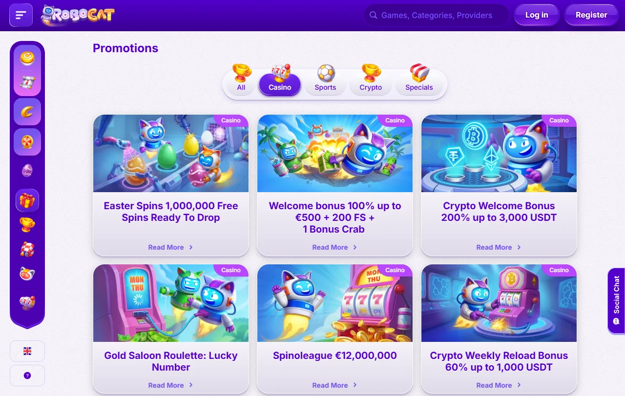 RoboCat Spielelobby mit Slots von Pragmatic Play, Yggdrasil und weiteren Herstellern