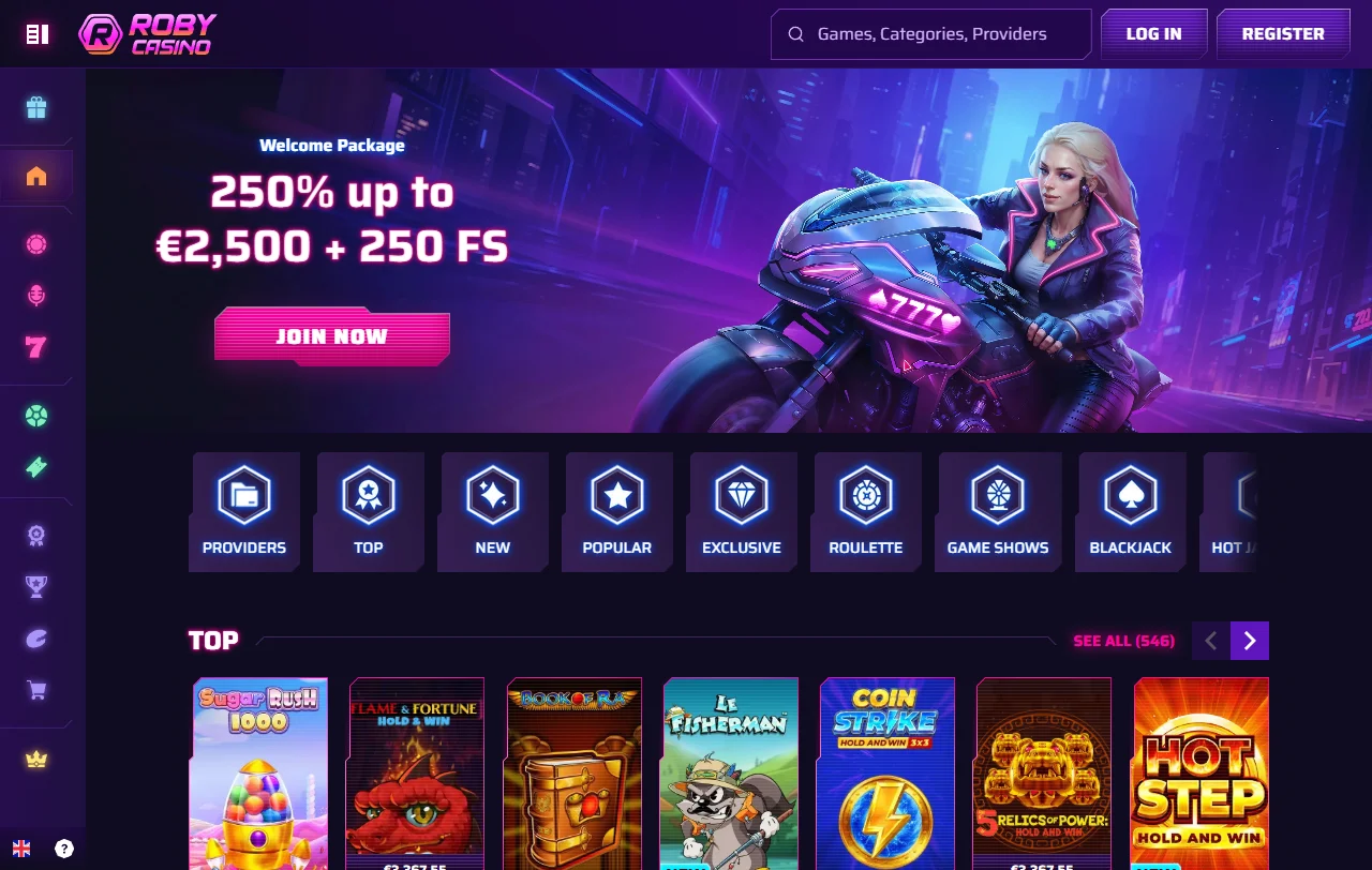 Startseite von Roby Casino mit Casino- und Sportwettenbereich im Überblick