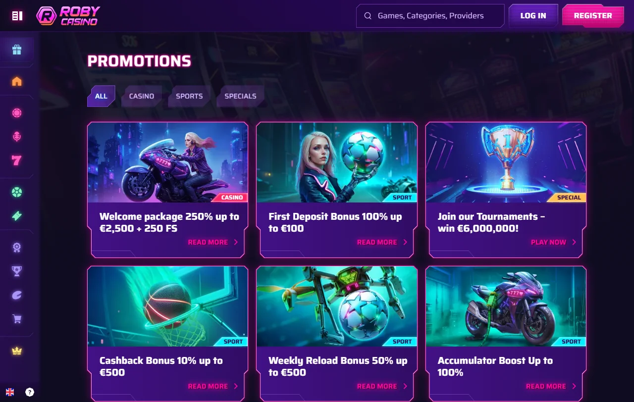 Spielebibliothek von Roby Casino mit über 9.000 Slots und Live-Tischen