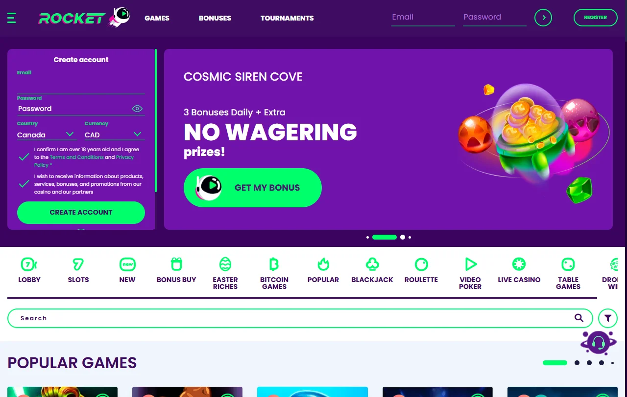 Rocket Casino Startseite mit Spielkategorien, Willkommensangebot und Turnieren im Überblick