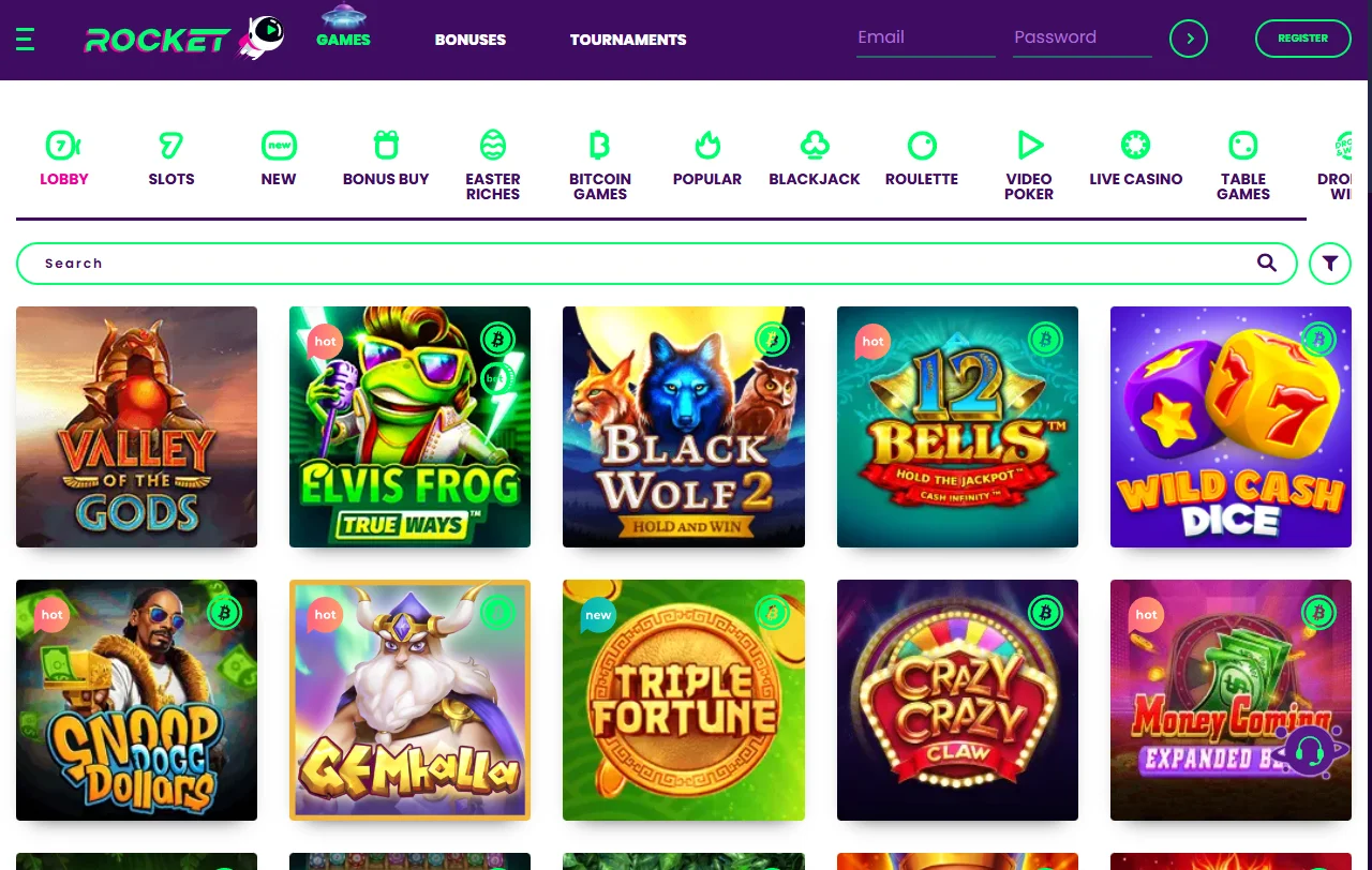 Rocket Casino Bonusbereich mit Willkommensangebot, Wochenaktionen und achtstufigem Treueprogramm