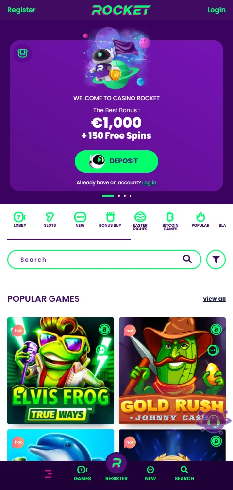 Rocket Casino im mobilen Browser mit Navigationsleiste für Suche und Kasse