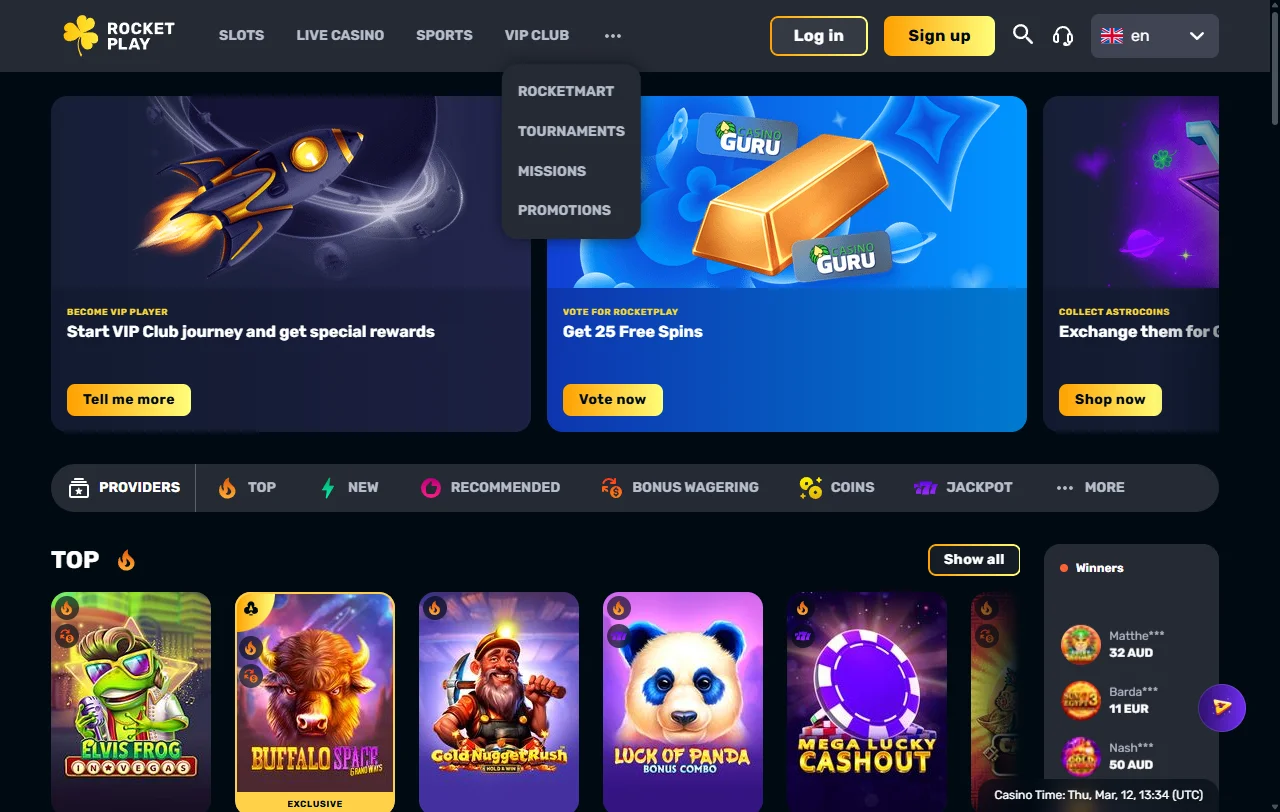Startseite von RocketPlay Casino mit Überblick über Lobby und Kategorien