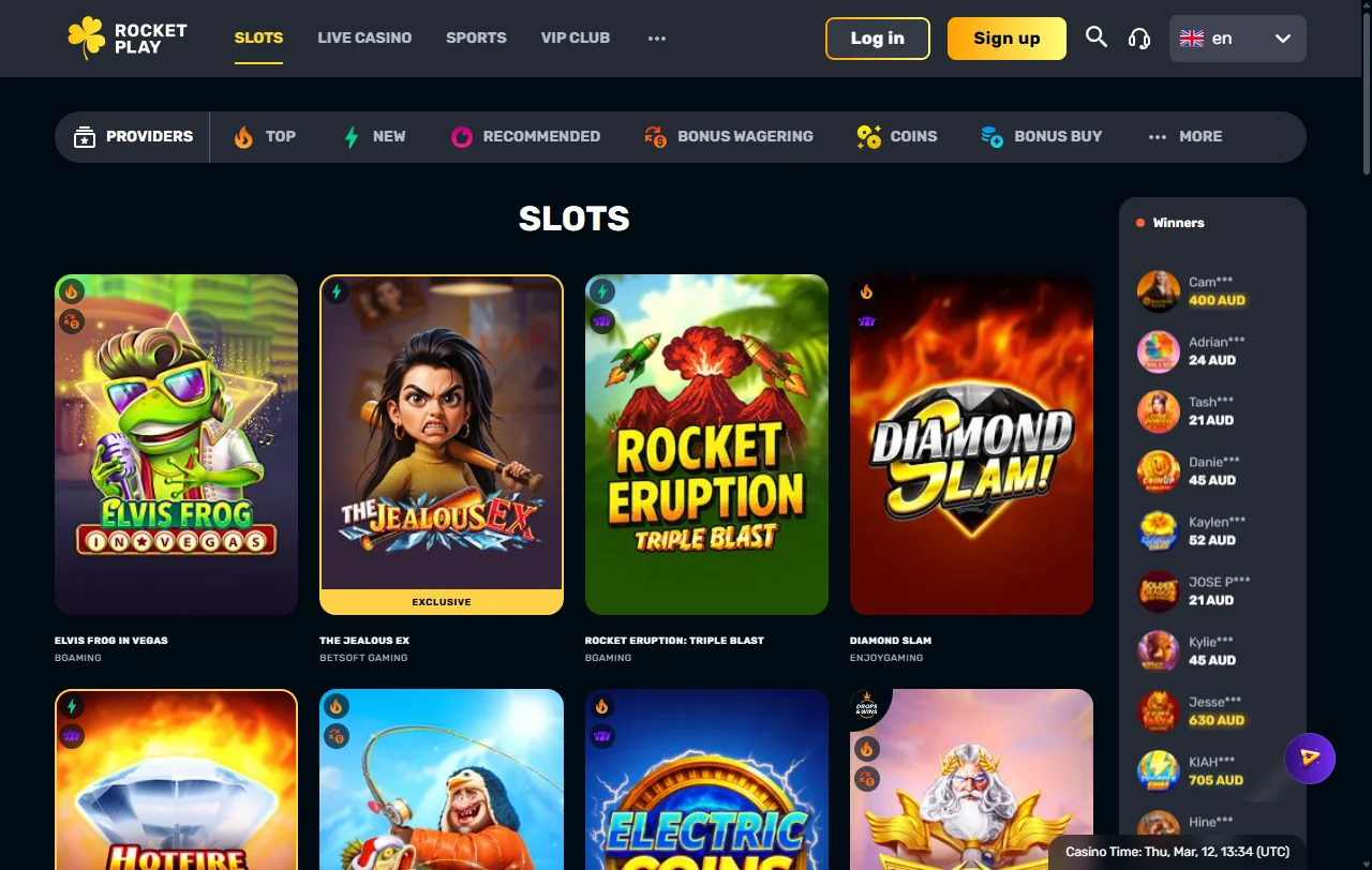 Spielauswahl bei RocketPlay Casino mit Slots von BGaming und Pragmatic Play