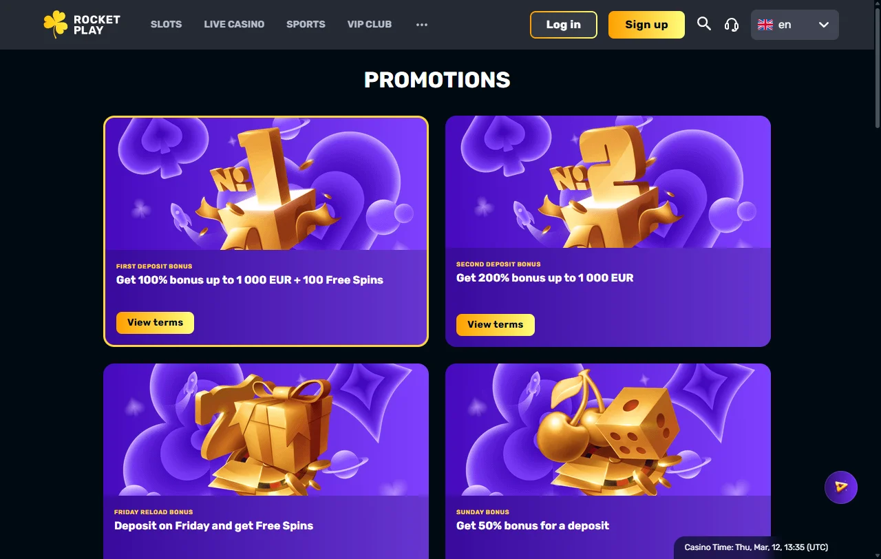 Bonusbereich von RocketPlay Casino mit Willkommenspaket und wöchentlichen Aktionen
