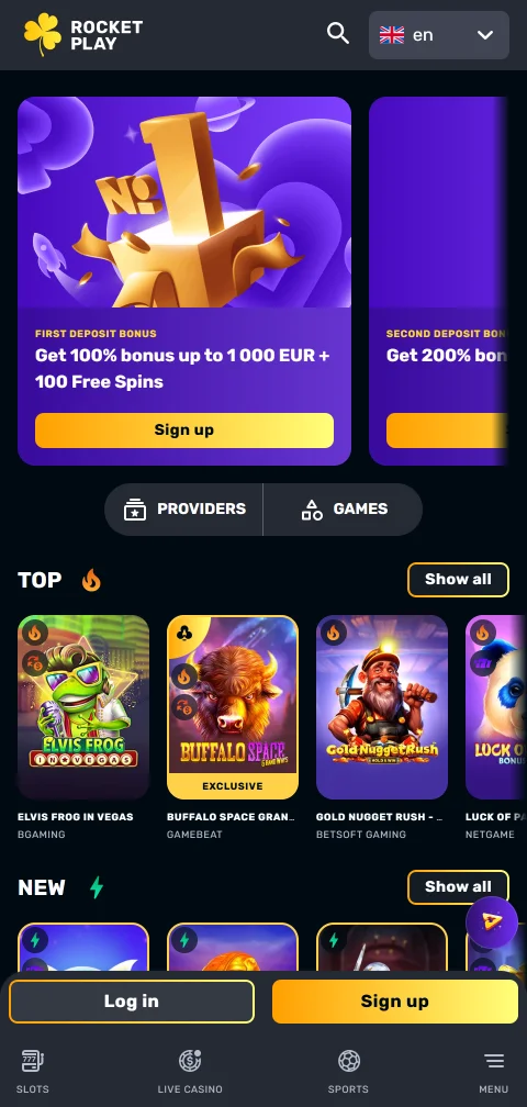 Mobile Version von RocketPlay Casino im Smartphone-Browser mit Spielelobby