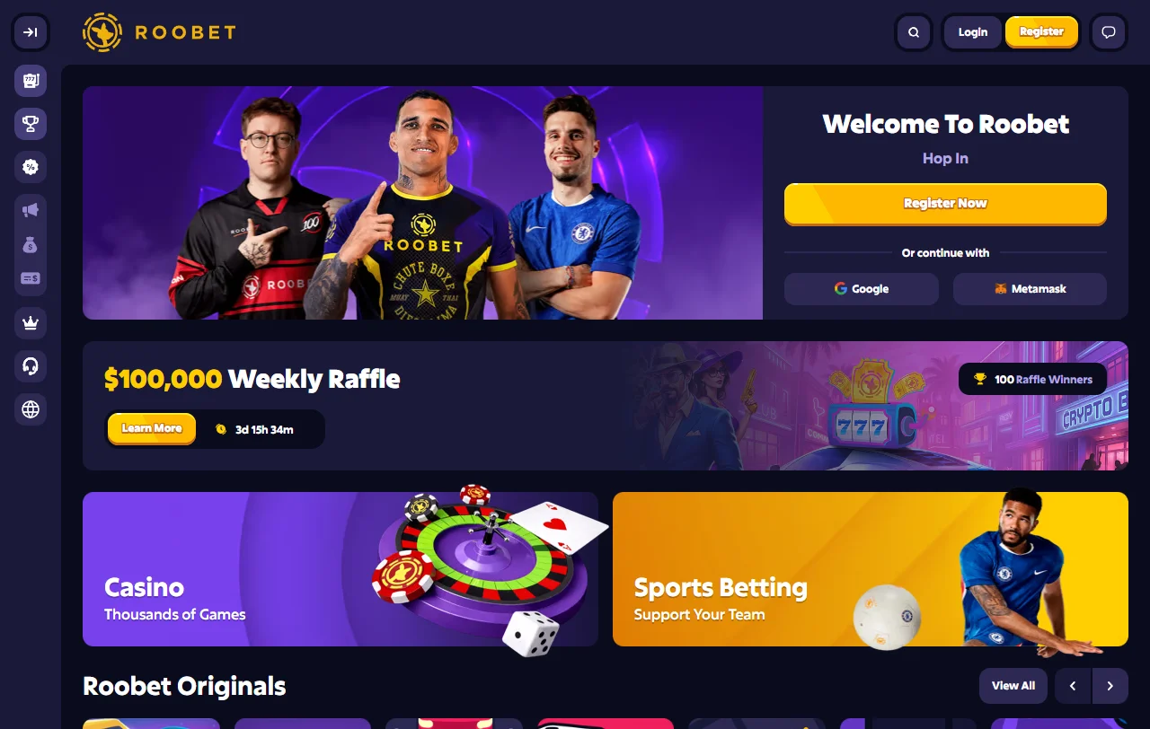 Roobet Casino Überblick mit Krypto-Lobby, Originals und Live-RTP-Anzeige für Österreich