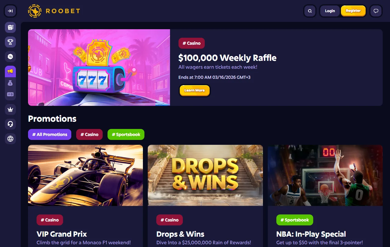 Spielauswahl bei Roobet Casino mit Slots von Pragmatic Play und Hacksaw Gaming