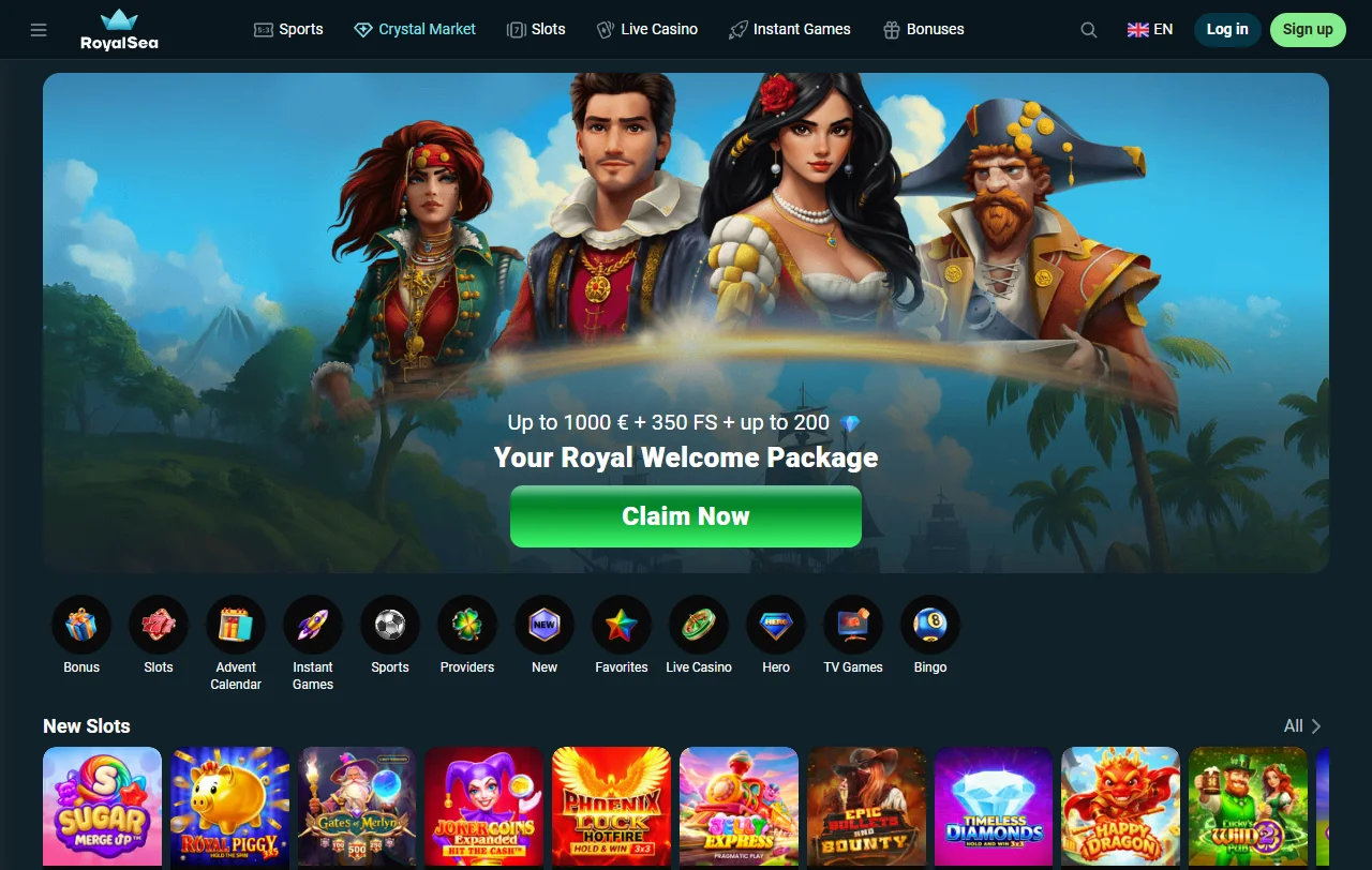 Startseite von RoyalSea Casino mit Überblick über Angebot und Kategorien
