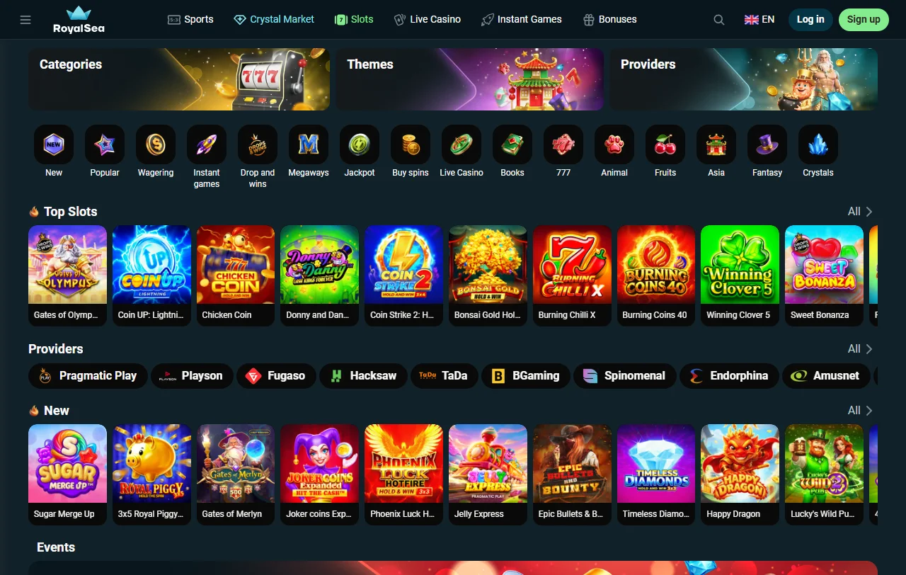 Spielelobby von RoyalSea Casino mit Slots von Novomatic und Pragmatic Play